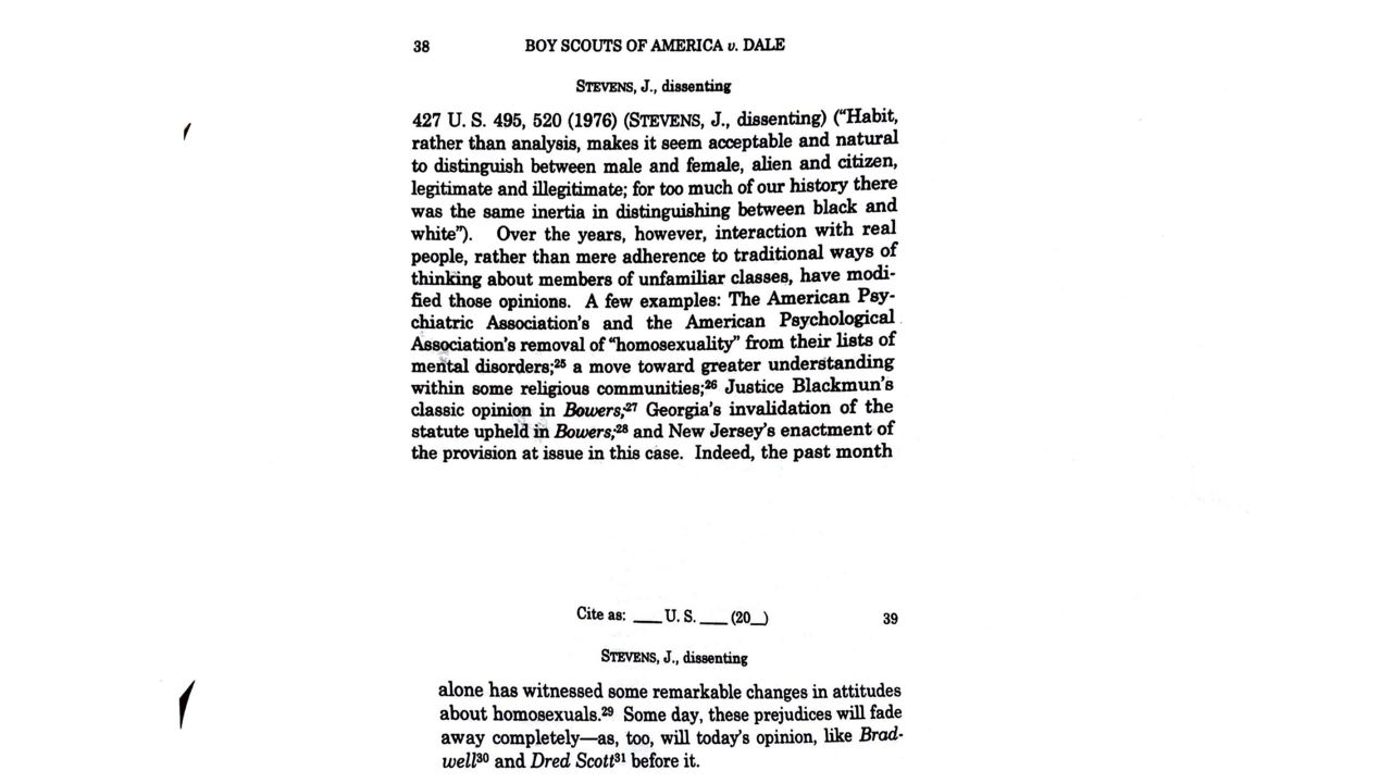 Draft language of a dissent from Justice John Paul Stevens that invoked the infamous 1857 Dred Scott decision.
Other liberals prevailed upon Stevens to remove the line.