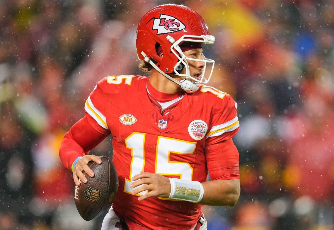 Nov 20, 2023; Kansas City, Missouri, USA; Kansas City Chiefs quarterback Patrick Mahomes (15) drops back to pass during the first half against the Philadelphia Eagles at GEHA Field at Arrowhead Stadium. Mandatory Credit: Jay Biggerstaff-USA TODAY Sports