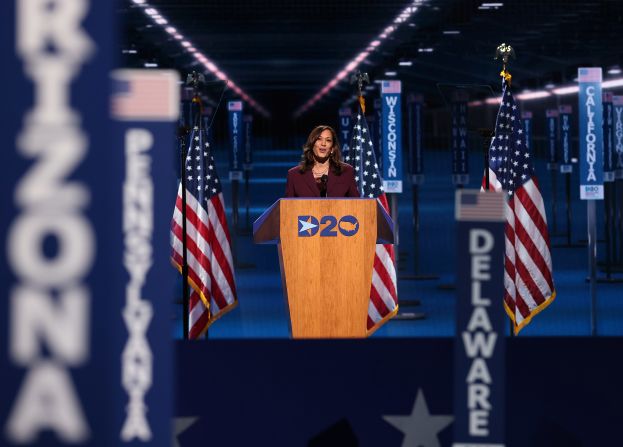 Harris delivers a speech as she formally accepts the nomination at the <a href=